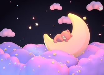 3d rendered cute bear sleeping on the moon.