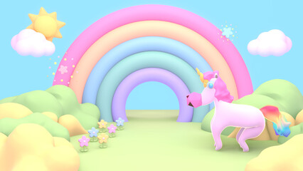 3d rendered rainbow land with unicorn.
