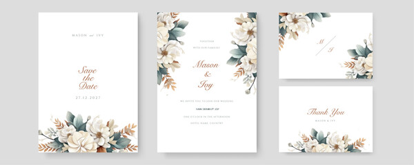 Fototapeta na wymiar Premium wedding invitation template set with elegant brown leaves decoration. Botanic card design concept