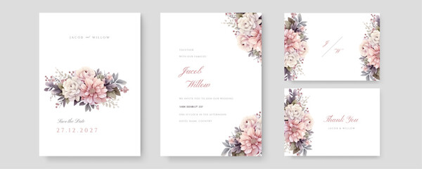 Fototapeta na wymiar Modern wedding invitation card template set with flower bouquet watercolor painting