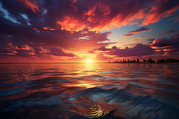 Fototapeta na wymiar The horizon ignites with vibrant hues as the fiery sunset captivates the sea Generative AI