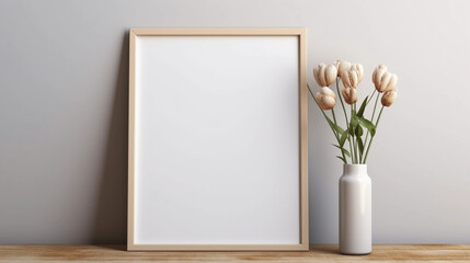 An empty photo frame on the table with a flower oranament