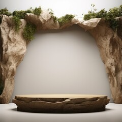 podium stage in a cave with plants growing around it