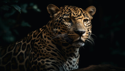 Spotted jaguar staring, beauty in nature tranquility generated by AI