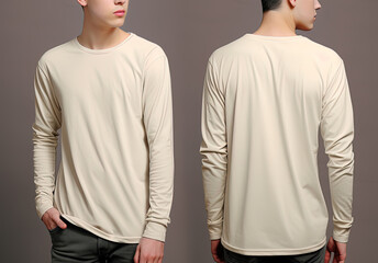 Man wearing a beige T-shirt with long sleeves. Front and back view