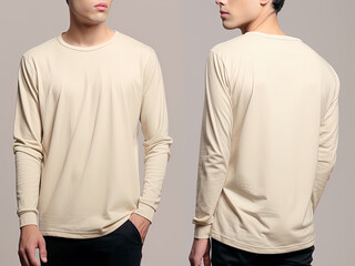 Man wearing a beige T-shirt with long sleeves. Front and back view