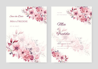 Fototapeta na wymiar Floral wedding invitation template set with elegant brown leaves decoration. Botanic card design concept