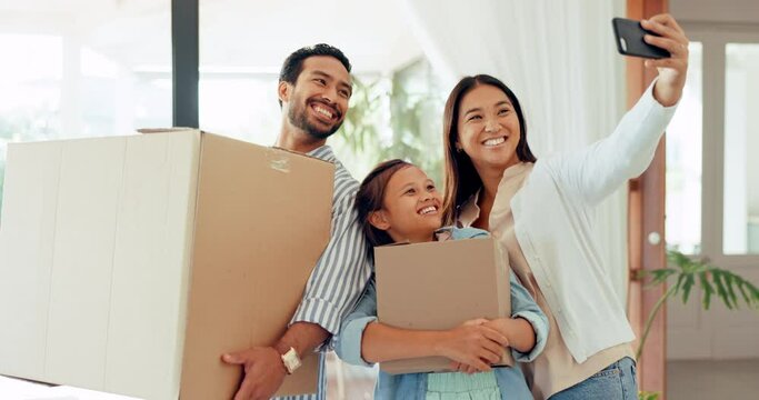 Parents, child and selfie for moving, boxes and memory in family house for post, social network app or blog. Happy father, mother and daughter with smile, profile picture and photography in new home