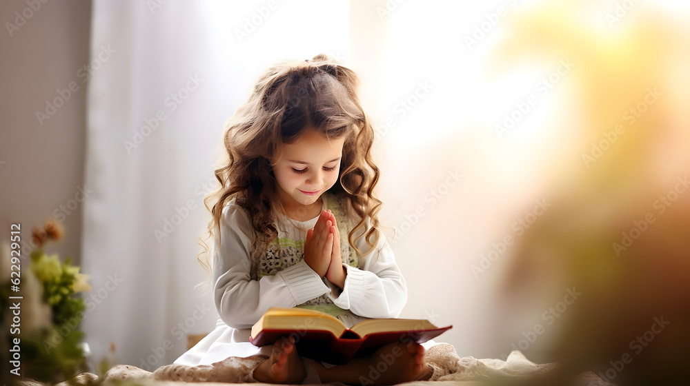 Wall mural cute child girl reading bible book. worship at home. ai generated - Wall murals