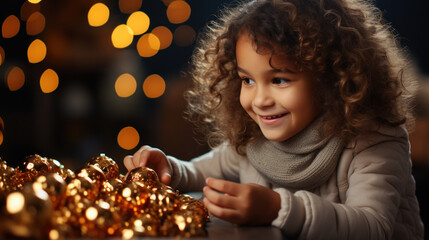 Obraz na płótnie Canvas Festive Joy: A Little Girl Spreading Holiday Cheer with Christmas Tree Decorations. Generative AI
