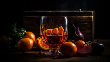Rustic table, organic fruit, refreshing citrus drink generated by AI