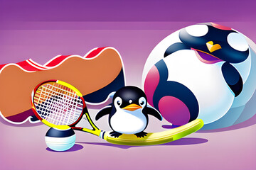 A cute penguin playing tennis happily

