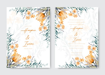 watercolor wedding invitation with elegant olives green floral