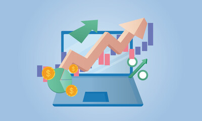 Successful launch startup vector illustration laptop with charts graphs and diagrams on screen flat style design new business project concept.on blue background.Vector Design Illustration.