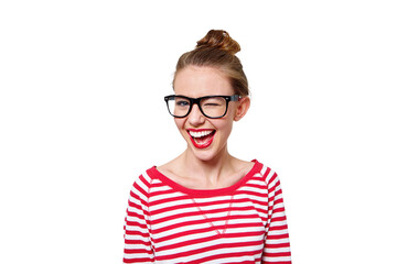 Fashion, glasses and wink with portrait of woman on png for nerd, education and youth. Happy, smart...