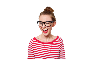 Fashion, glasses and wink with portrait of woman on png for nerd, education and youth. Happy, smart and style with face of student isolated on transparent background for confidence and hipster