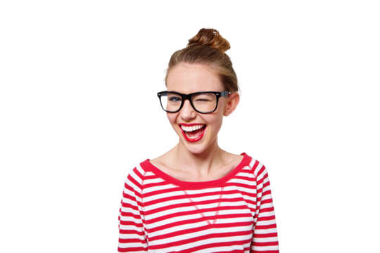 Fashion, glasses and wink with portrait of woman on png for nerd, education and youth. Happy, smart and style with face of student isolated on transparent background for confidence and hipster