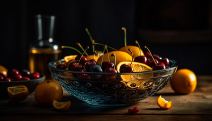 Fototapeta na wymiar Juicy berry fruit bowl on rustic wooden table generated by AI