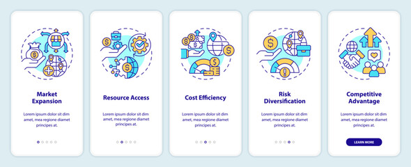 Linear icons representing foreign direct investment mobile app screen set. 5 steps editable graphic instructions, UI, UX, GUI template.