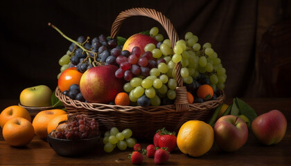 Fresh fruit basket: apple, grape, strawberry, peach generated by AI