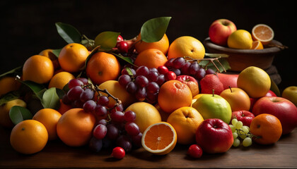 Naklejka na ściany i meble Juicy citrus fruits on wooden table, healthy refreshment generated by AI
