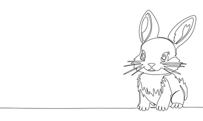 Easter minimal banner. One line continuous with little cute bunny vector illustration. Outline, line art silhouette, monoline.