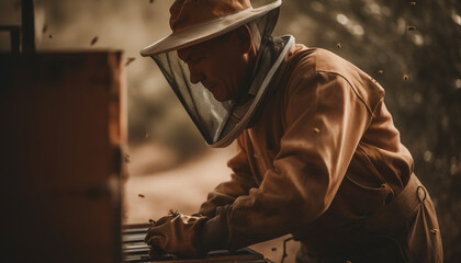 Fototapeta premium Caucasian beekeeper in protective workwear tends bees generated by AI