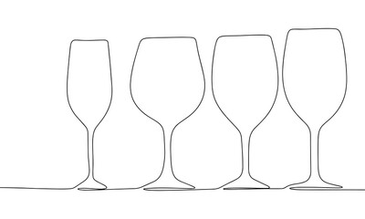 Restaurant minimal banner. One line continuous with set of wine glasses vector illustration. Outline, line art silhouette, monoline.