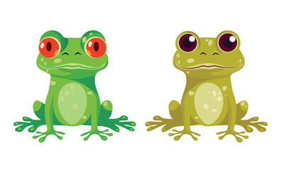 Set of Green frogs. Cartoon style. Vector illustration. Funny cartoon frog