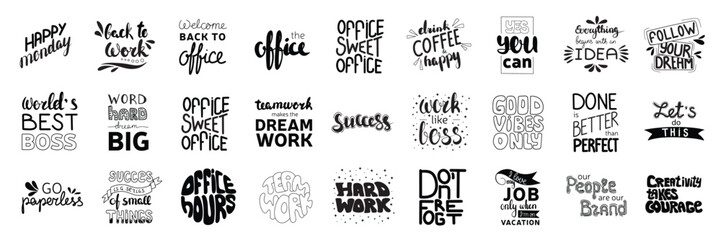 Dream work, boss, the office, best boss. Large collection of motivation quotes and phases about office job, work. Handwriting calligraphy lettering, vector illustration.