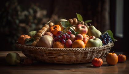 Rustic table displays healthy autumn harvest abundance generated by AI