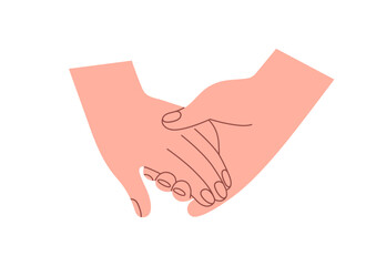 Two hands of love couple holding together, touching. Romantic partners, man and woman. Togetherness, partnership, tenderness, support concept. Flat vector illustration isolated on white background