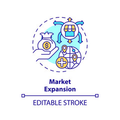 Editable market expansion icon, isolated vector, foreign direct investment thin line illustration.