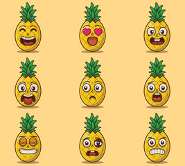Cute and kawaii pineapple character emoticon expression illustration set