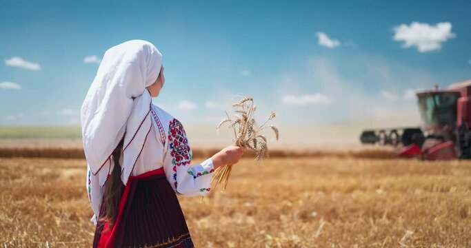Girl in traditional ethnic folklore costume with Bulgarian embroidery standing on a harvest golden wheat field, Agriculture, agronomy Bulgaria