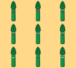 Cute and kawaii asparagus character emoticon expression illustration set