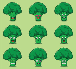 Cute and kawaii broccoli character emoticon expression illustration set