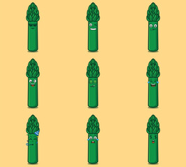 Cute and kawaii asparagus character emoticon expression illustration set