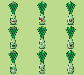 Cute and kawaii leeks character emoticon expression illustration set