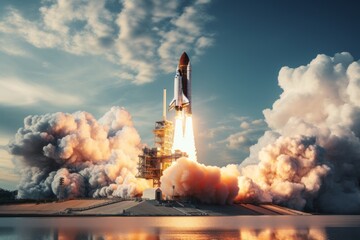 Space Shuttle Launch On Blue Sky, Generative AI