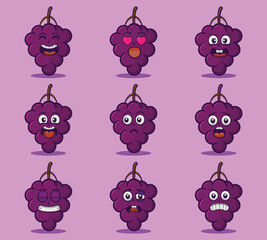 Cute and kawaii grape fruits character emoticon expression illustration set