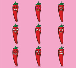 Cute and kawaii chili character emoticon expression illustration set