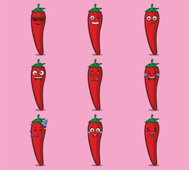 Cute and kawaii chili character emoticon expression illustration set