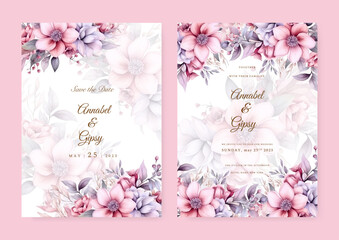 Floral wedding invitation template set with flowers and leaves decoration. Botanic card design concept