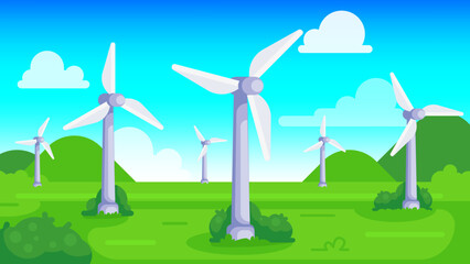 Wind turbines on green field with blue sky. Sustainable renewable green energy concept. flat style vector illustration