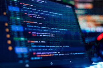 Notebook closeup photo. CSS, JavaScript and HTML usage. Monitor closeup of function source code. Abstract IT technology background. Software source code.