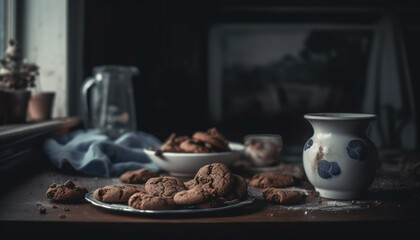 Obraz na płótnie Canvas Homemade chocolate chip cookies on rustic table generated by AI