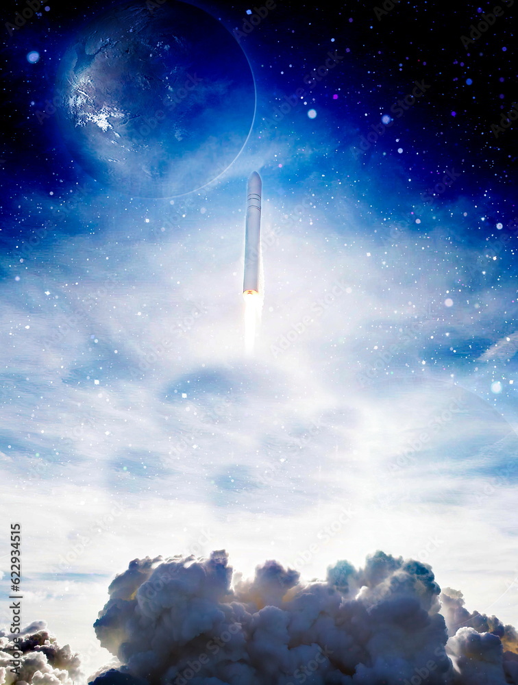 Wall mural dark space shuttle launch in the clouds with stars on background.spaceship flight. elements of this 