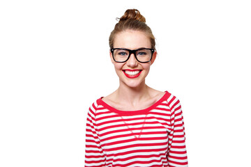 Fashion, glasses and college with portrait of woman on png for nerd, education and youth. Happy, smart and style with face of student isolated on transparent background for confidence and hipster