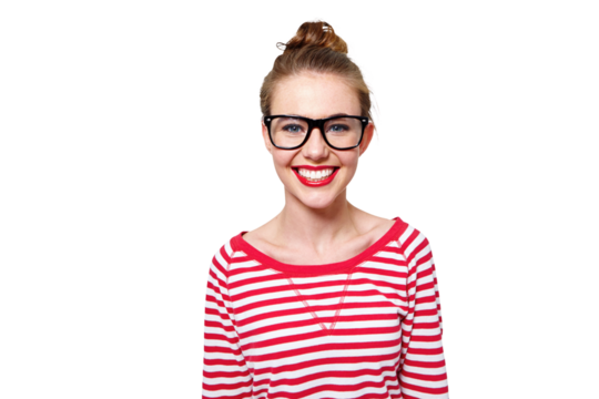 Fashion, glasses and college with portrait of woman on png for nerd, education and youth. Happy, smart and style with face of student isolated on transparent background for confidence and hipster - Powered by Adobe